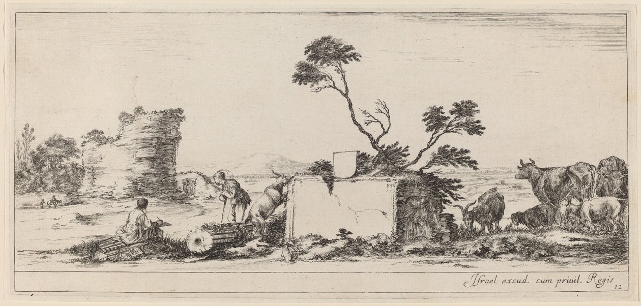 Campagna Scene met kunstenaar die schetst, in of voor 1647 door Stefano della Bella