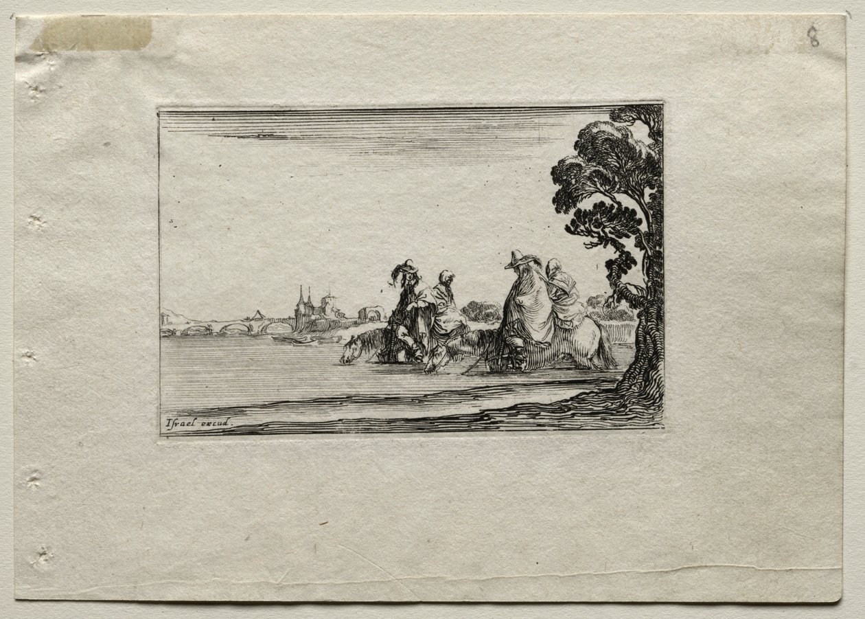 Caprices: Ruiters die hun paarden in een rivier drenken door Stefano della Bella