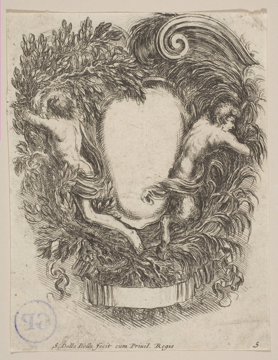 Cartouche omlijst door Apollo en Pan, 1647 door Stefano della Bella