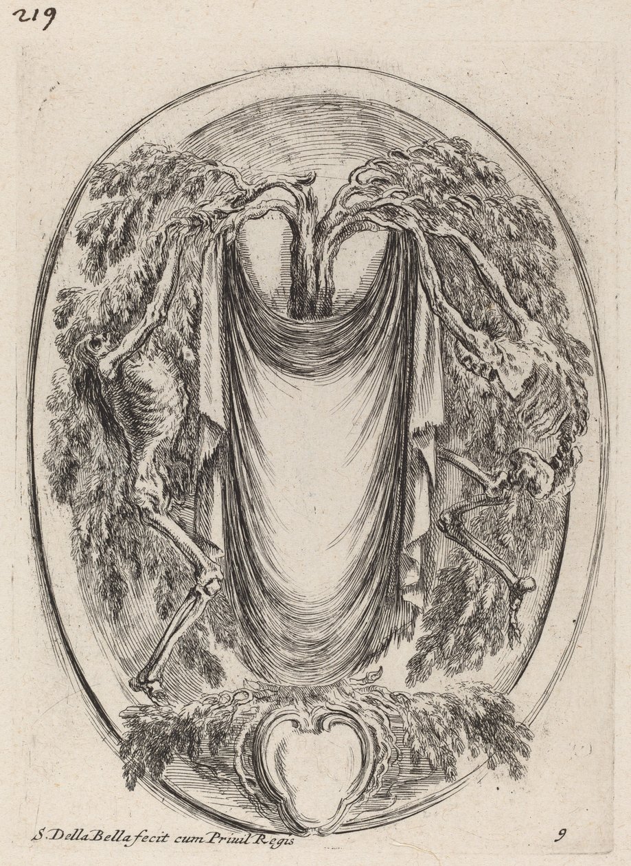 Cartouche in de vorm van een draperie opgehangen aan een cipres geflankeerd door skeletten, 1647 door Stefano della Bella