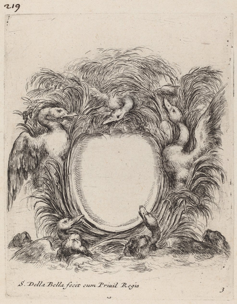 Cartouche met eenden en honden door Stefano della Bella