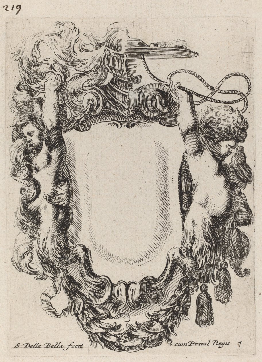 Cartouche met satyr kinderen door Stefano della Bella
