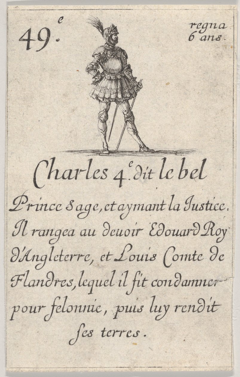 Charles 4.e- genaamd de mooie wijze prins..., uit Het Spel van de Koningen van Frankrijk Jeu des Rois..., 1644 door Stefano della Bella