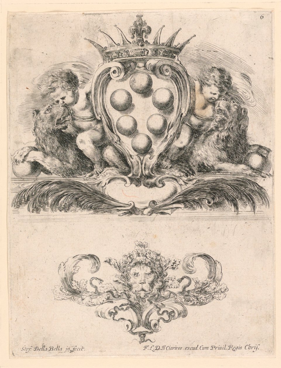 Wapen van de Groothertog van Toscane: Ornament met een Leeuwenmasker, Nr. 6 uit "Raccolta di varii cappriccii et nove inventioni di cartelle et ornamenti" door Stefano della Bella