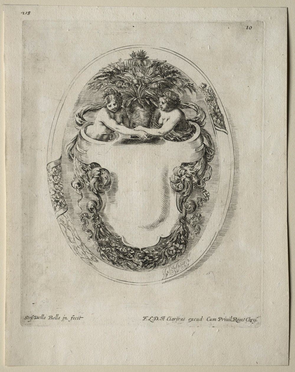 Collectie van verschillende caprices en nieuwe ontwerpen van cartouches en ornamenten: No 10 door Stefano della Bella