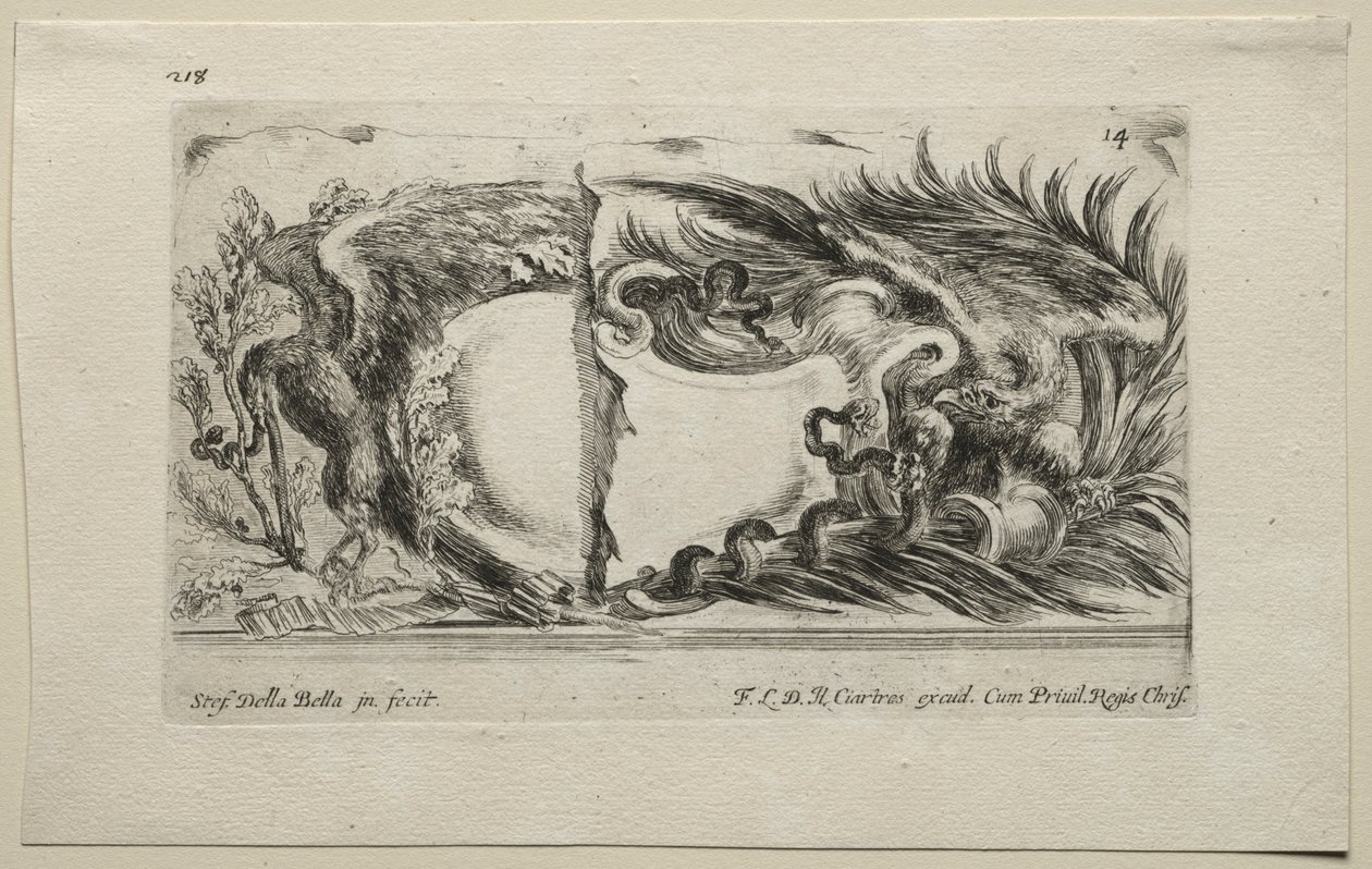 Collectie van Verschillende Caprices en Nieuwe Ontwerpen van Cartouches en Ornamenten: Nr. 14 door Stefano della Bella