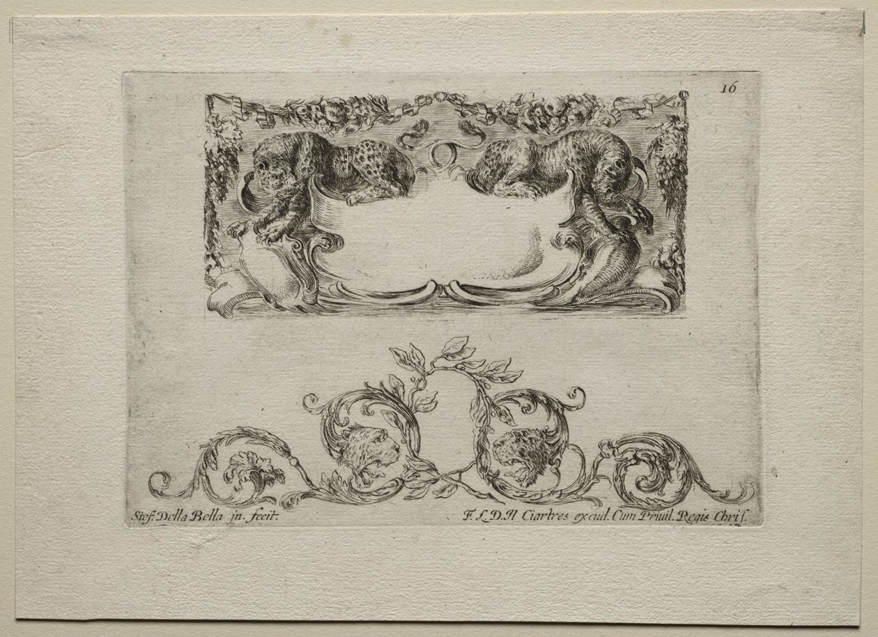 Collectie van verschillende caprices en nieuwe ontwerpen van cartouches en ornamenten: nr. 16 door Stefano della Bella