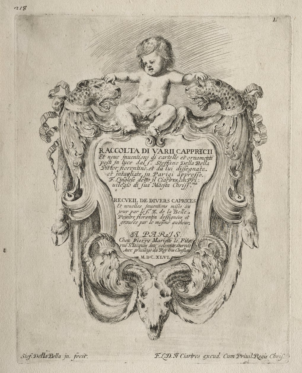 Verzameling van Diverse Caprices en Nieuwe Ontwerpen van Cartouches en Ornamenten: Nr. 1, Titelpagina door Stefano della Bella