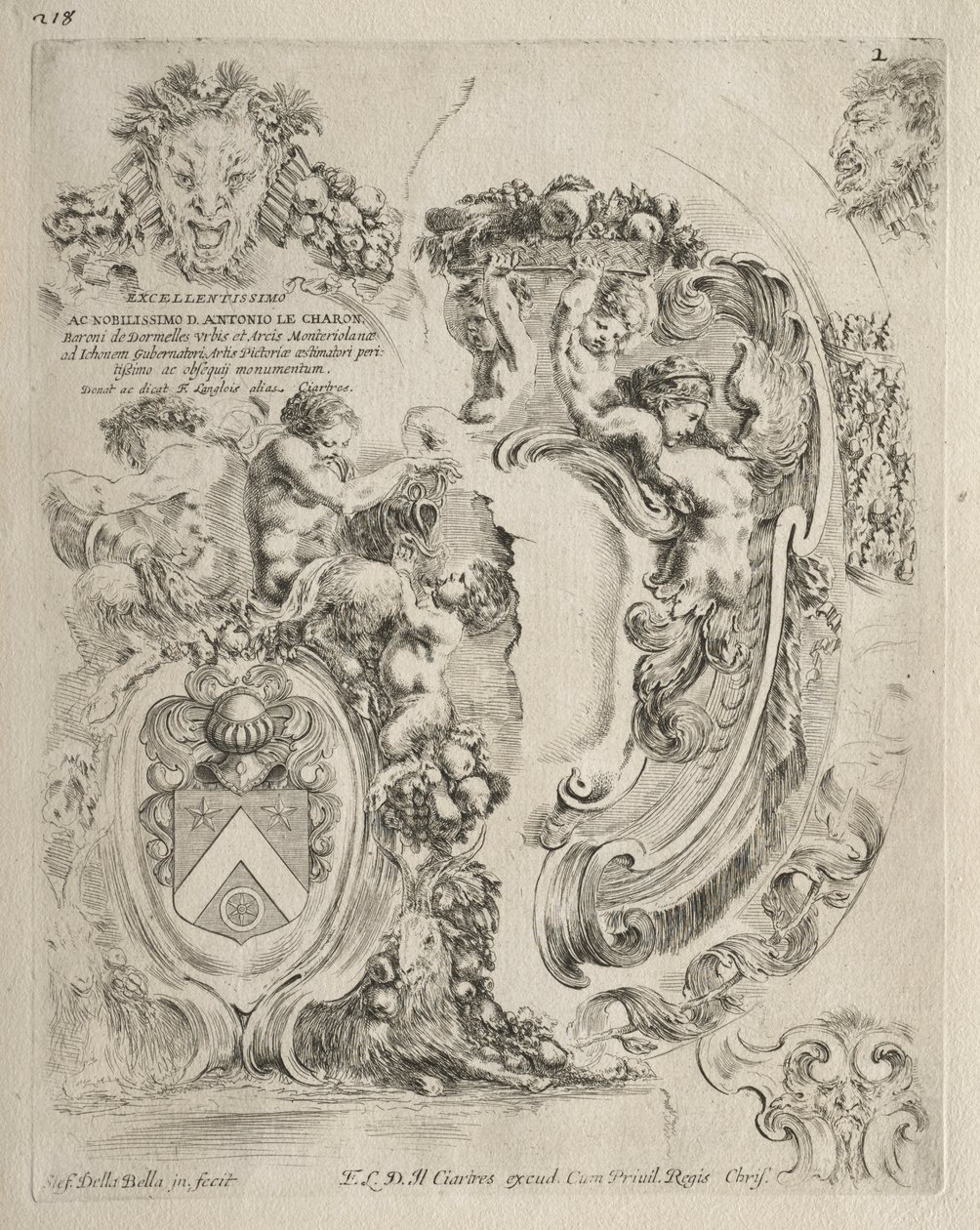 Collectie van verschillende grillen en nieuwe ontwerpen van cartouches en ornamenten: nr. 2, toewijdingspagina door Stefano della Bella