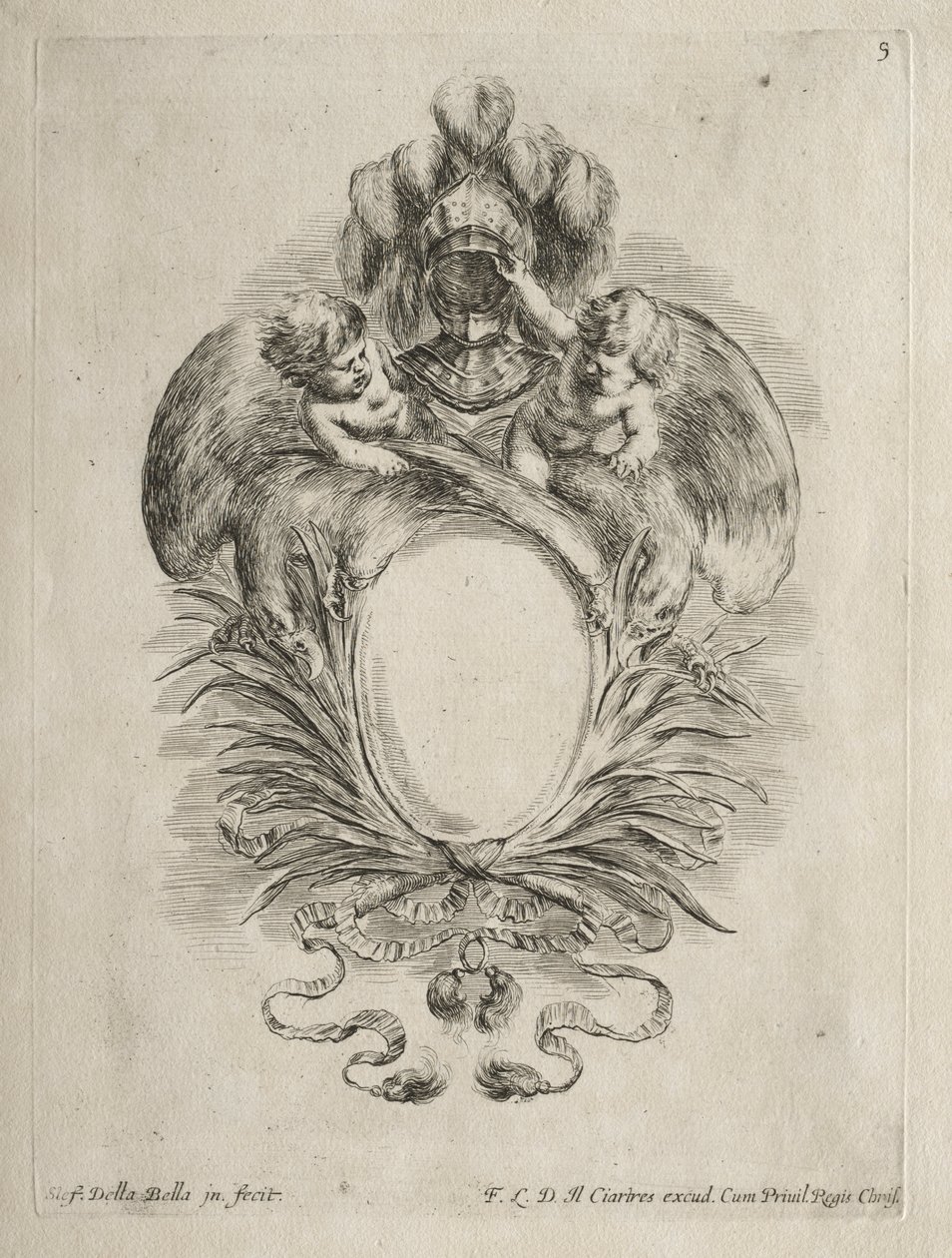 Collectie van verschillende grillen en nieuwe ontwerpen van cartouches en ornamenten: nr. 5 door Stefano della Bella
