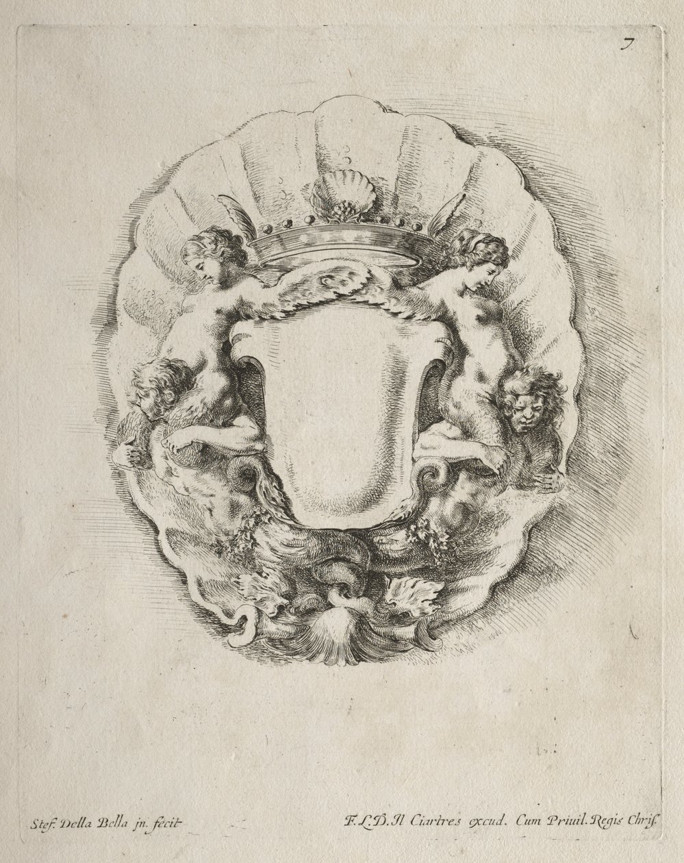Collectie van verschillende grillen en nieuwe ontwerpen van cartouches en ornamenten: Nr. 7 door Stefano della Bella