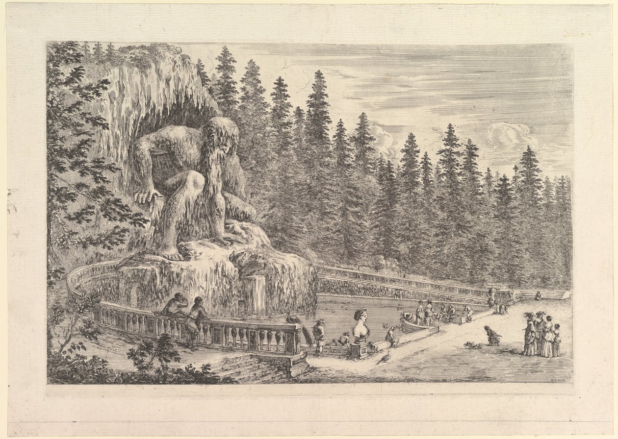 Kolossaal standbeeld van de Appenino door Giambologna links, afgebeeld als een reus hurkend... door Stefano della Bella