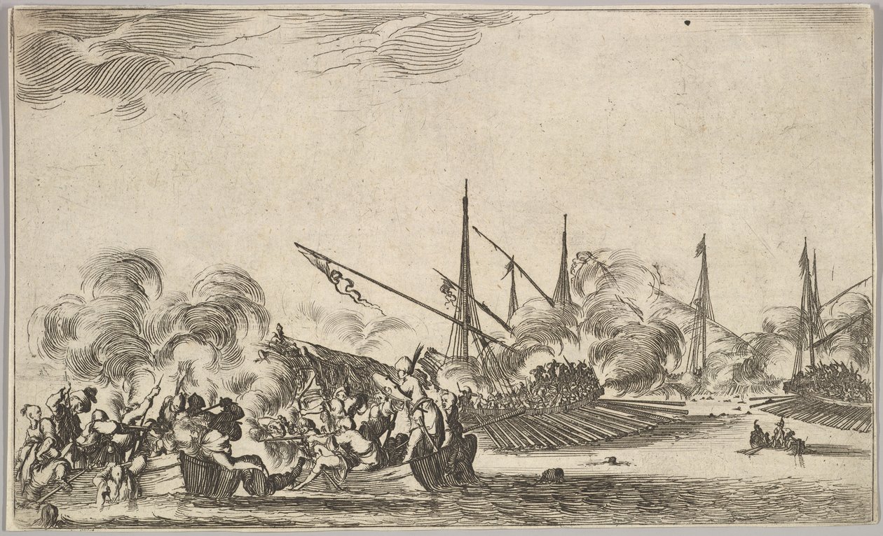 Gevecht tussen verschillende roeiboten en schepen, twee groepen mannen in roeiboten vechten naar links..., 1639 door Stefano della Bella