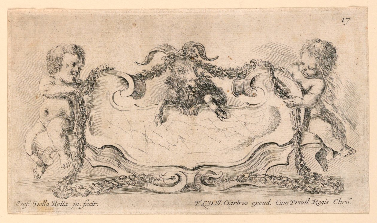 Wapenschild, nr. 17 uit "Raccolta di varii cappriccii et nove inventioni di cartelle et ornamenti" door Stefano della Bella