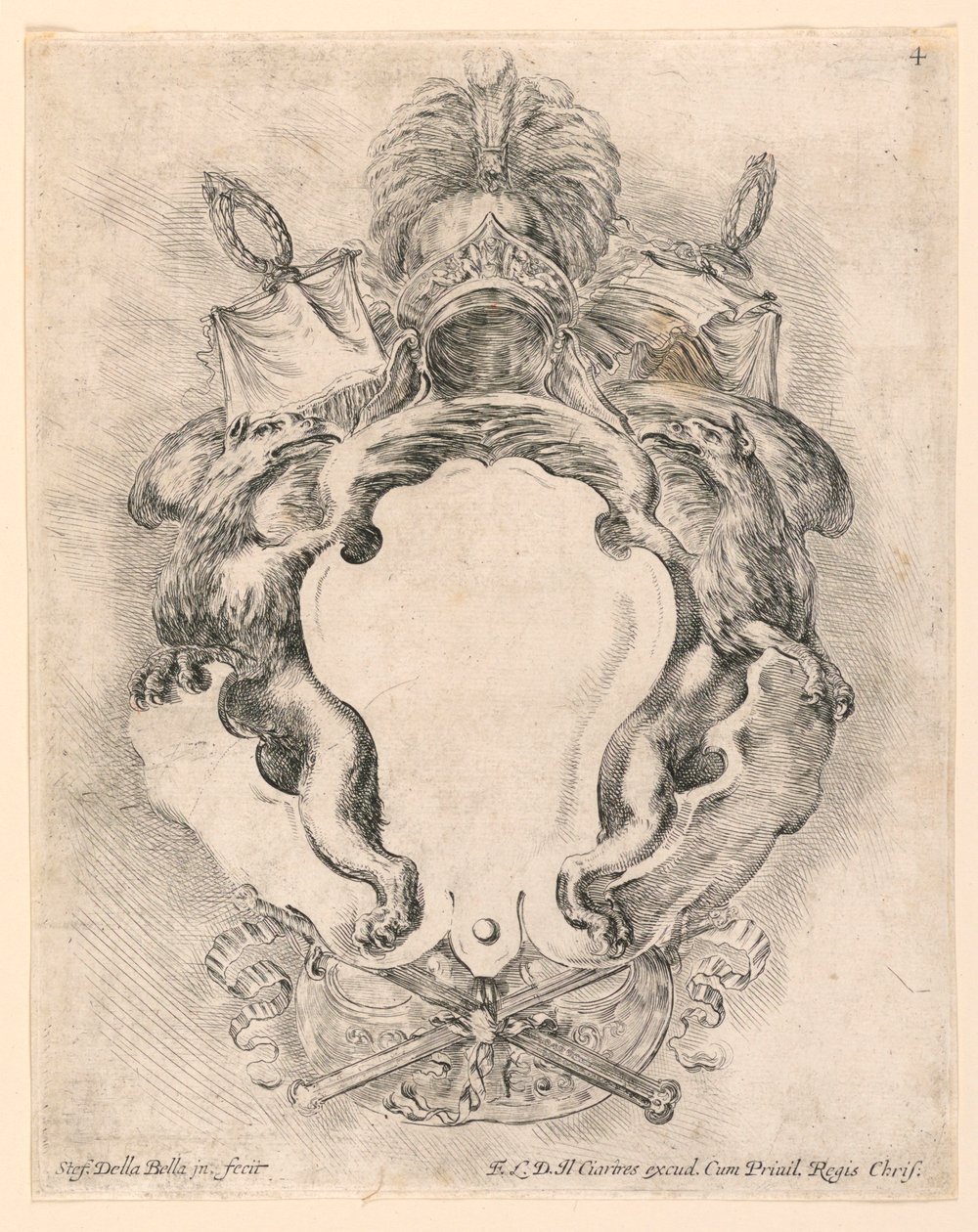 Wapenschild, nr. 4 uit "Raccolta di varii cappriccii et nove inventioni di cartelle et ornamenti" door Stefano della Bella