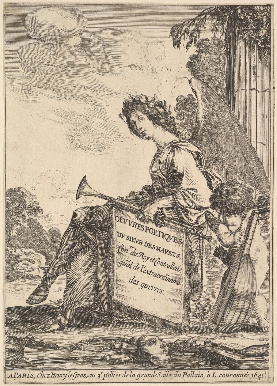Frontispice voor Gedichten door Desmarets Oeuvres poétiques de Desmarets: een gevleugelde vrouw..., 1641 door Stefano della Bella