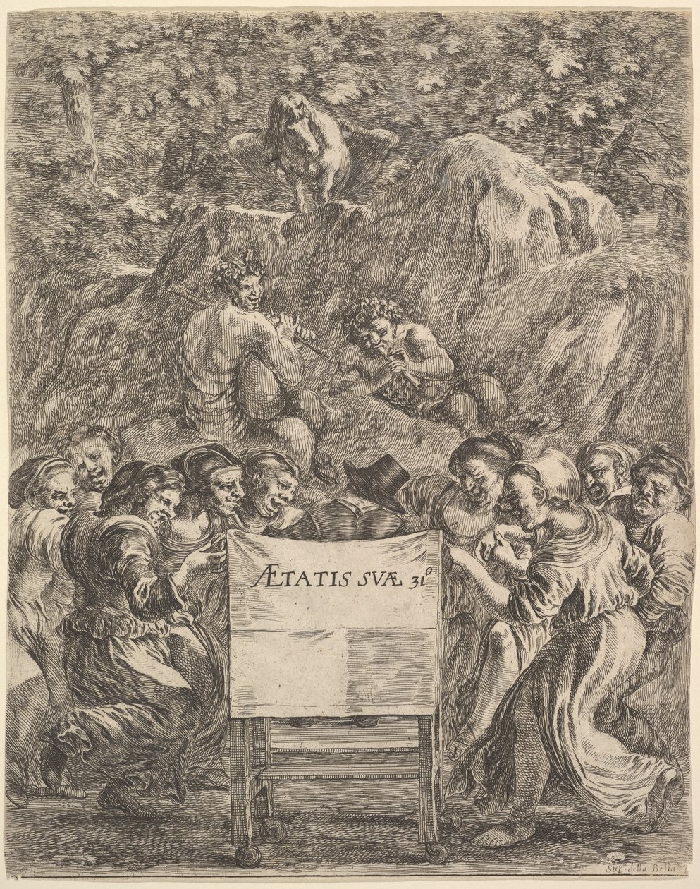 Frontispice voor De Werken van Scarron, de dichter zittend in een stoel, 1649 door Stefano della Bella