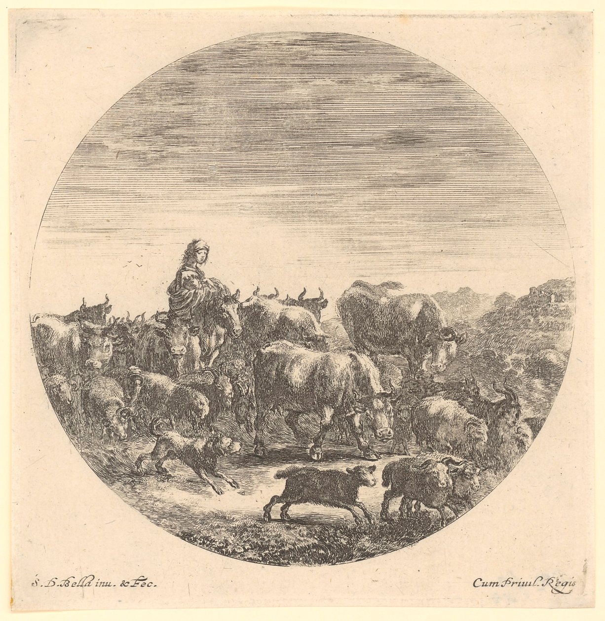 Herderin te paard met een kudde koeien en schapen, blad 5 uit de serie „Zes dierenmotieven in ronde voorstelling“ door Stefano della Bella