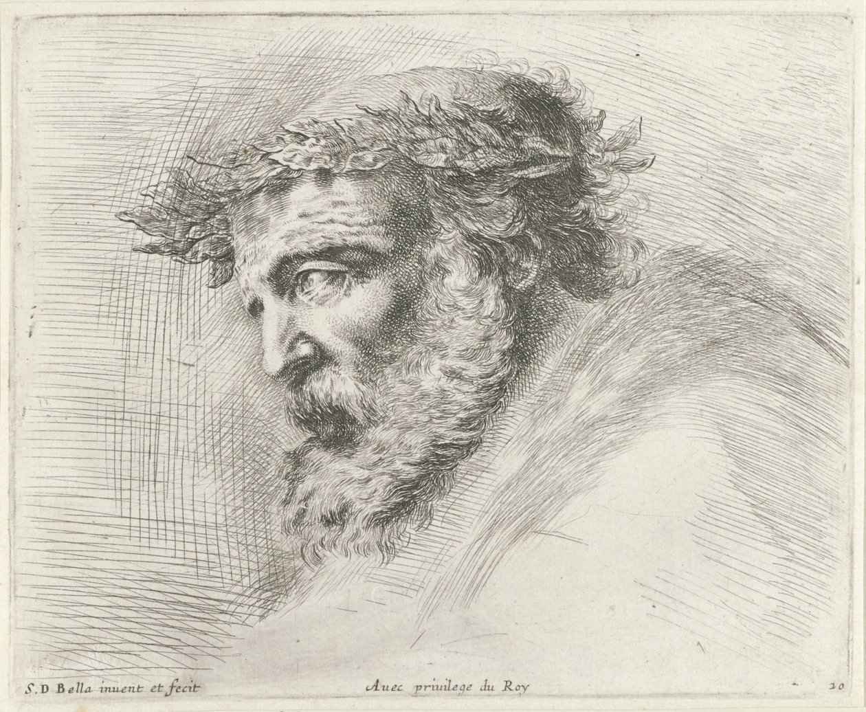 Hoofd van een oude man met baard en laurierkrans, in profiel naar links door Stefano della Bella