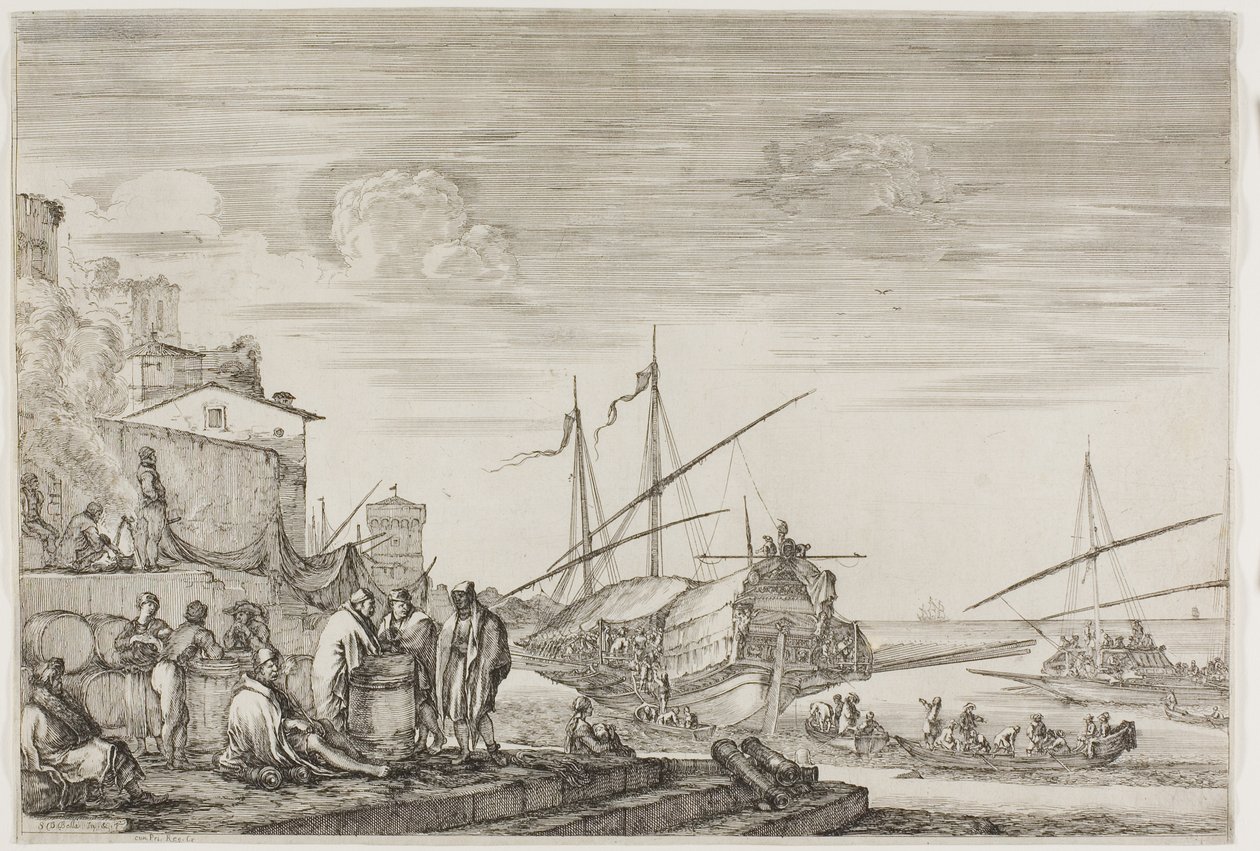Uitzichten op de haven van Livorno: Huizen met uitzicht op een haven door Stefano della Bella