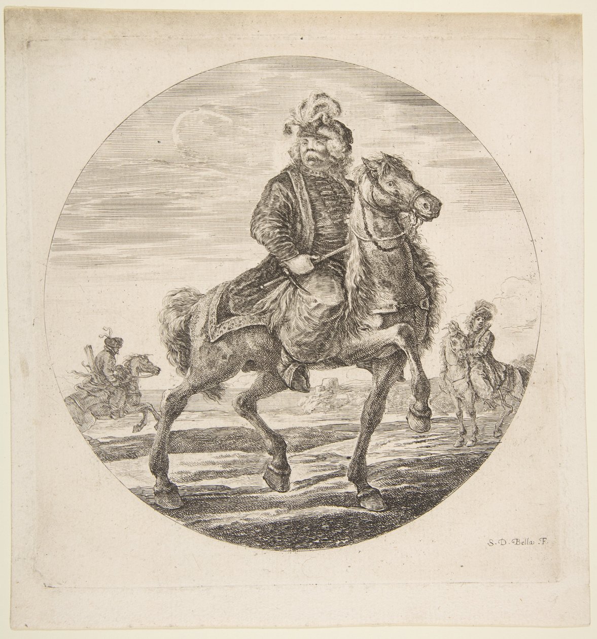 Hongaarse ruiter rijdt naar rechts, andere ruiters op de achtergrond, een circu..., ca. 1651 door Stefano della Bella