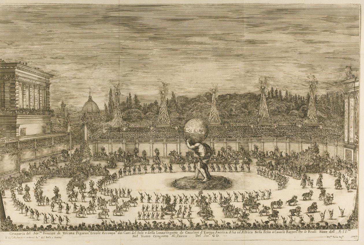 Il mondo festeggiante, balletto a cavallo ter gelegenheid van het huwelijk van Cosimo de Medici met M door Stefano della Bella
