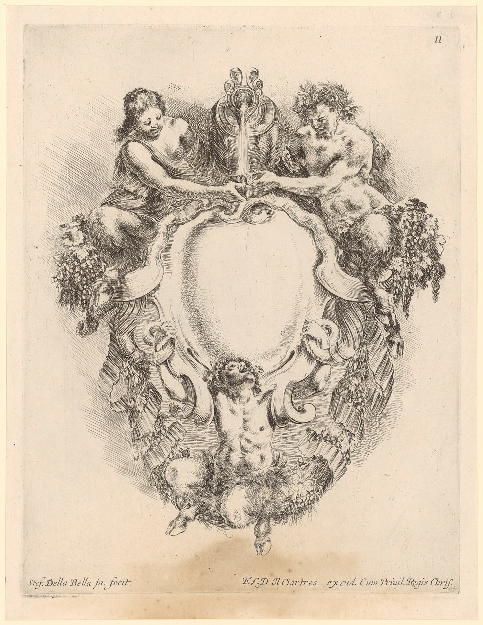 Cartouche met drie saters en een wijnkruik door Stefano della Bella