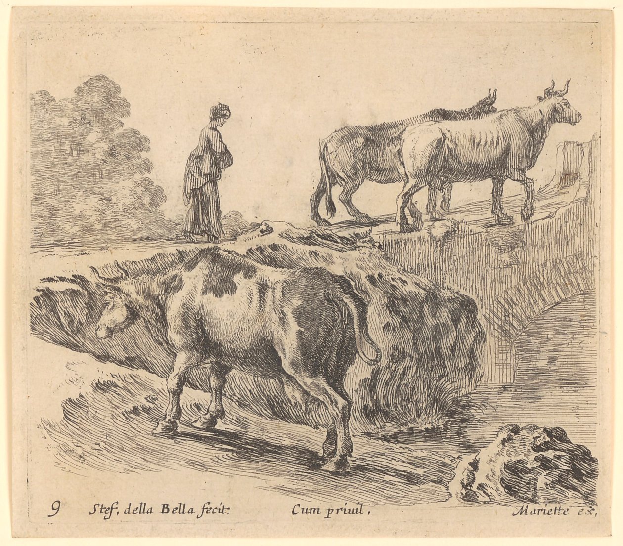 Koe gaat een heuvel op, op de achtergrond betreedt een boerin met twee koeien een brug door Stefano della Bella