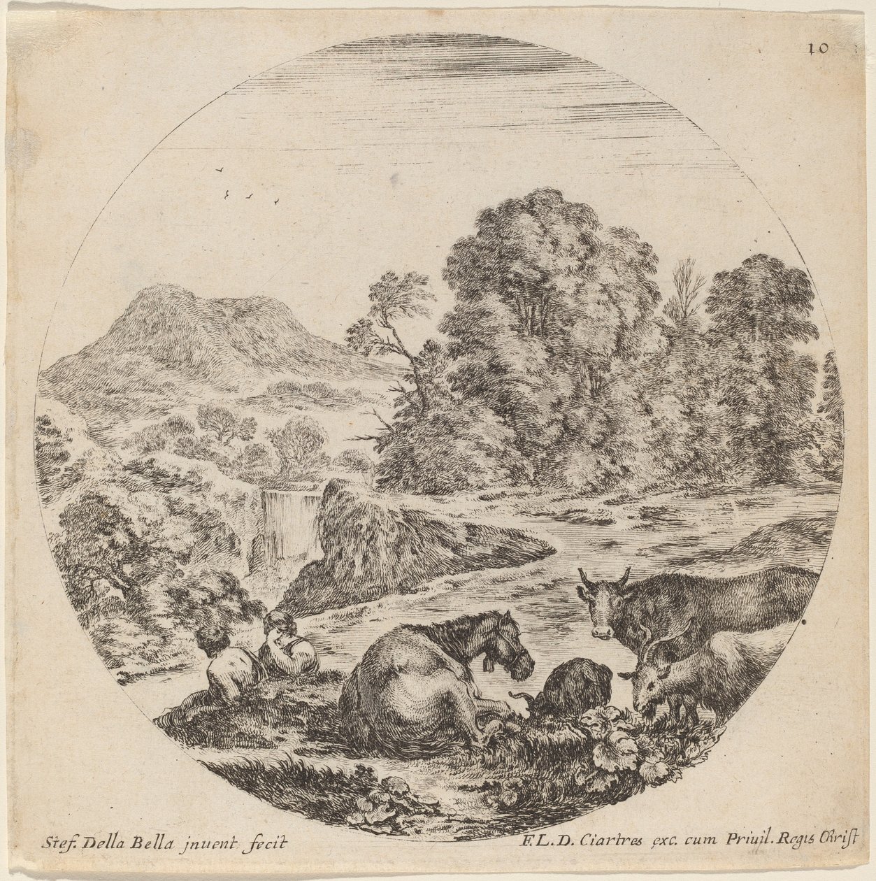 Landschap met Dieren en Twee Zittende Herders, 1646 door Stefano della Bella