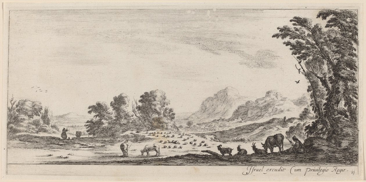 Landschap met herder die zijn kudde bewaakt door Stefano della Bella