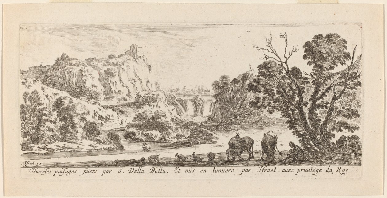 Landschap met waterval door Stefano della Bella