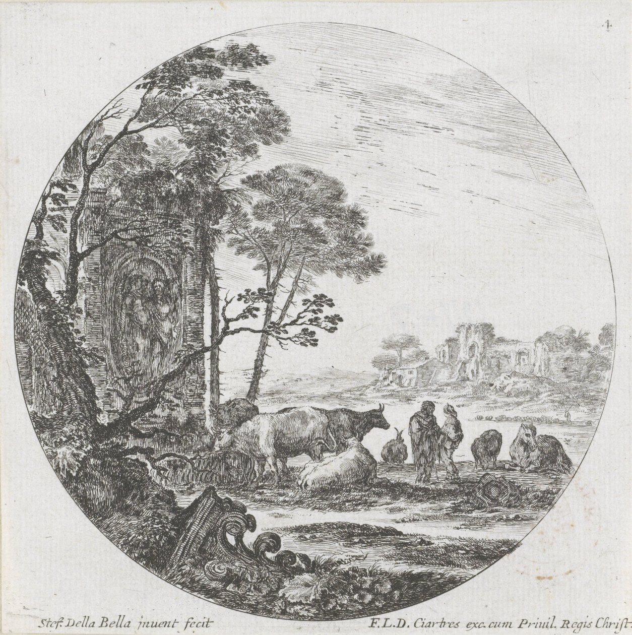 Landschap met kudde en Korinthisch kapiteel door Stefano della Bella