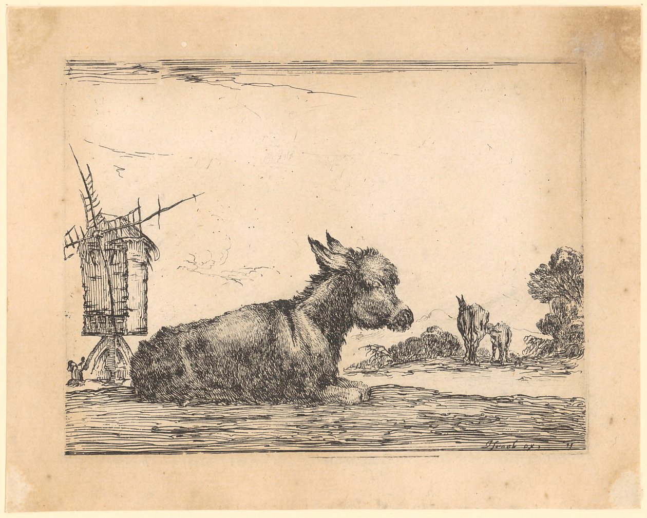 Een liggende ezel bij een windmolen door Stefano della Bella