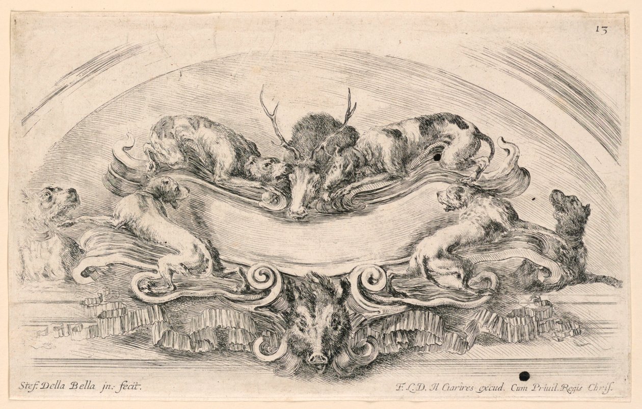 Lunet met Wapenschilden, No. 13 uit "Raccolta di varii cappriccii et nove inventioni di cartelle et ornamenti" door Stefano della Bella