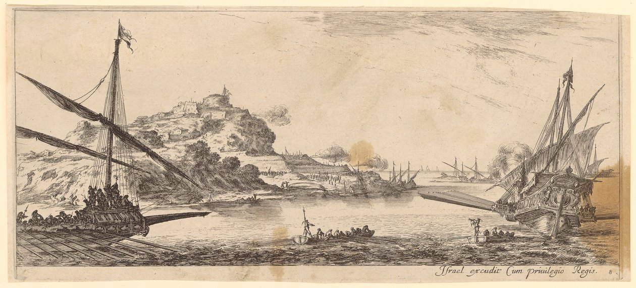 Zeebaan met twee galeien en twee boten door Stefano della Bella