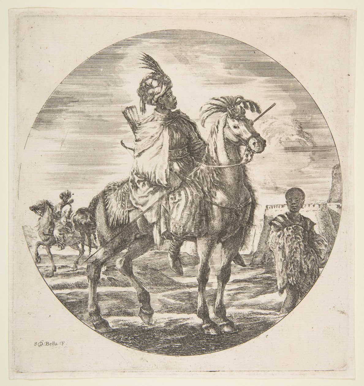 Moorse Ruiter in Profiel naar Rechts, een Zwarte Slaaf die een Bont vasthoudt door Stefano della Bella