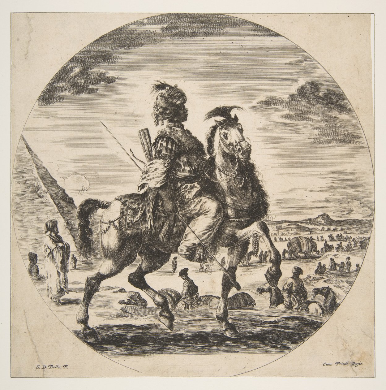 Moorse ruiter in profiel naar rechts, op de achtergrond een piramide links, veel figuren door Stefano della Bella