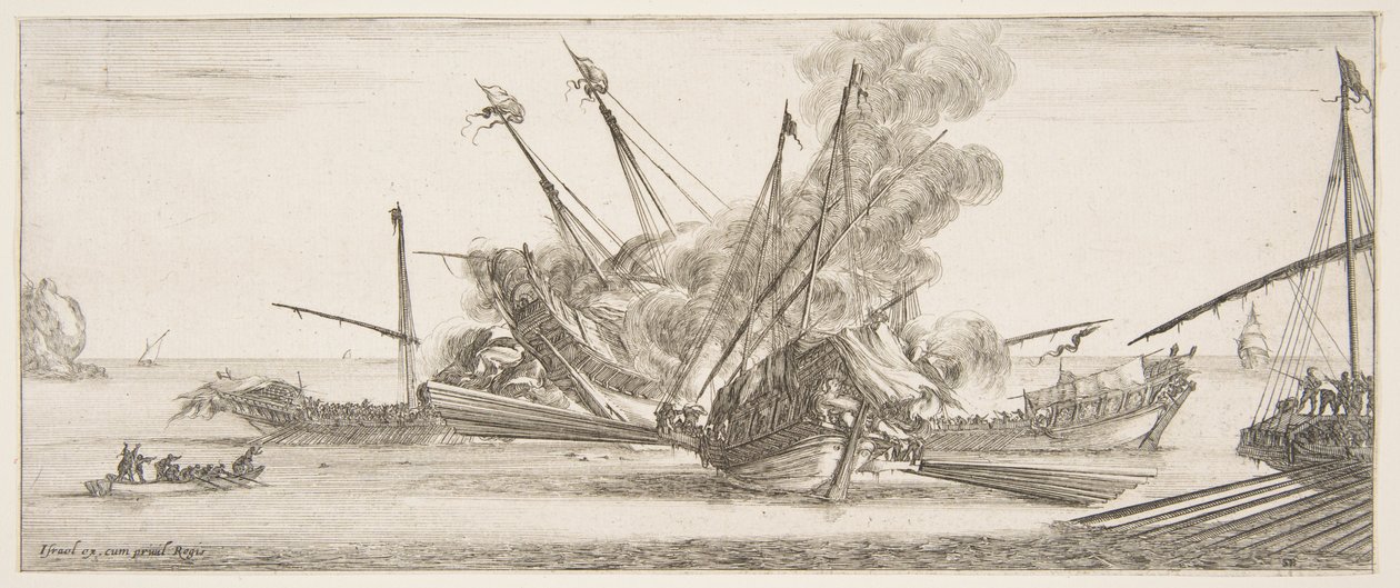 Zeeslag, een schip in het midden, gezien van achteren, vuurt op vier vijandelijke schepen, ca. 1641 door Stefano della Bella
