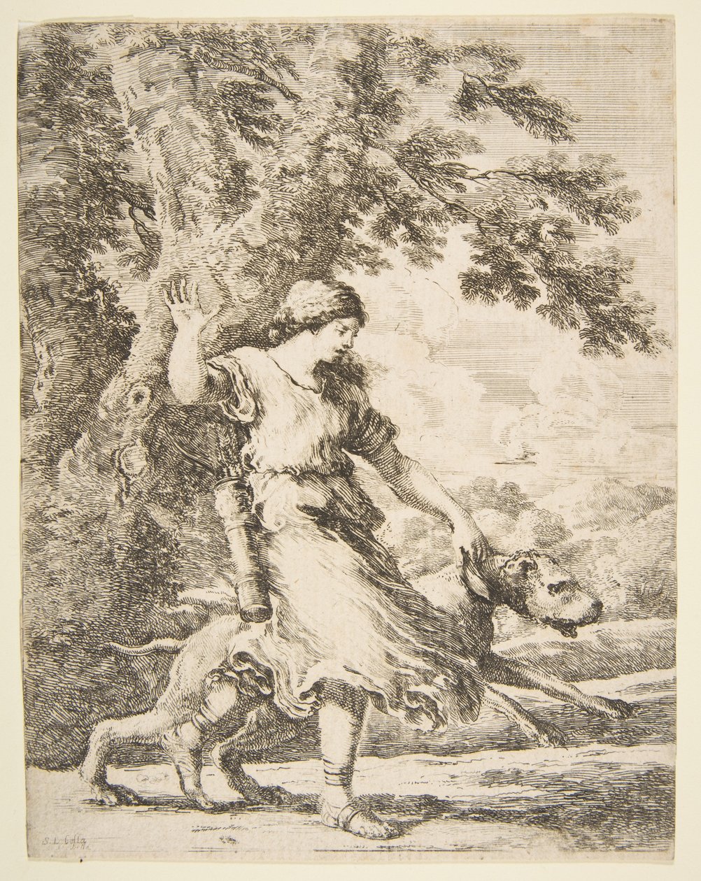 Nimf die een grote hond bij de halsband houdt, ca. 1654 door Stefano della Bella