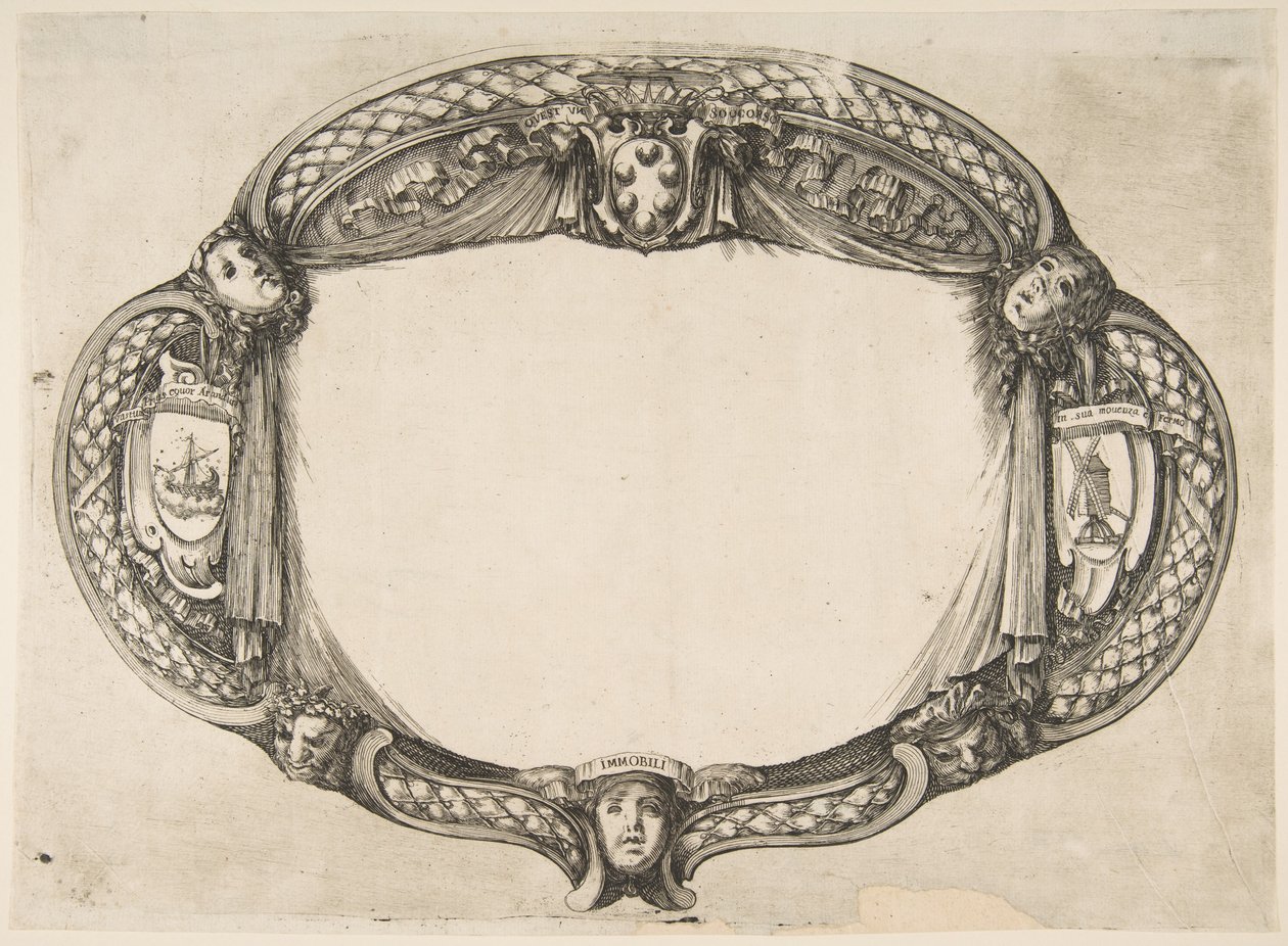 Ornamentontwerp voor een scriptie over het apparaat: Quest un soccorso door Stefano della Bella