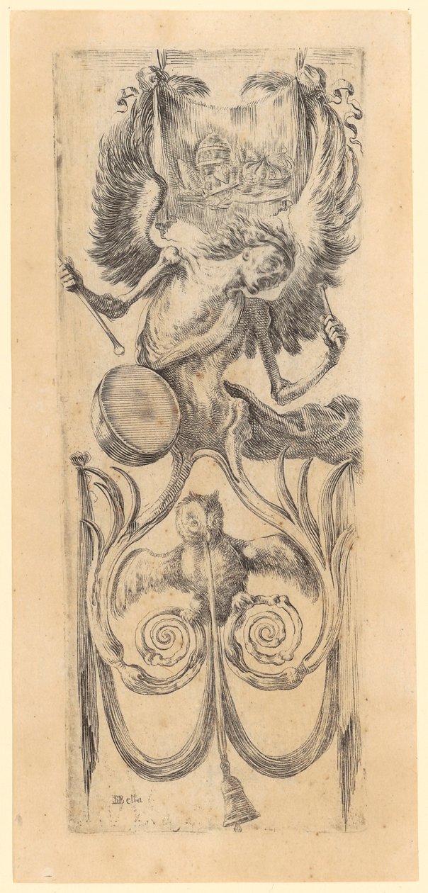 Paneel met de trommelende Dood, onderaan een uil met in zijn snavel het koord van een bel, blad 12 uit de reeks „Ornamenten of Grotesken” door Stefano della Bella