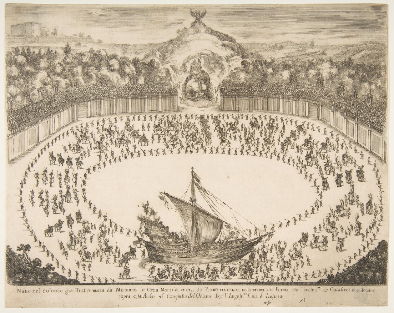 Paradewagen in de vorm van een schip, wapen van de Groothertog van Modena bovenaan, 1652 door Stefano della Bella