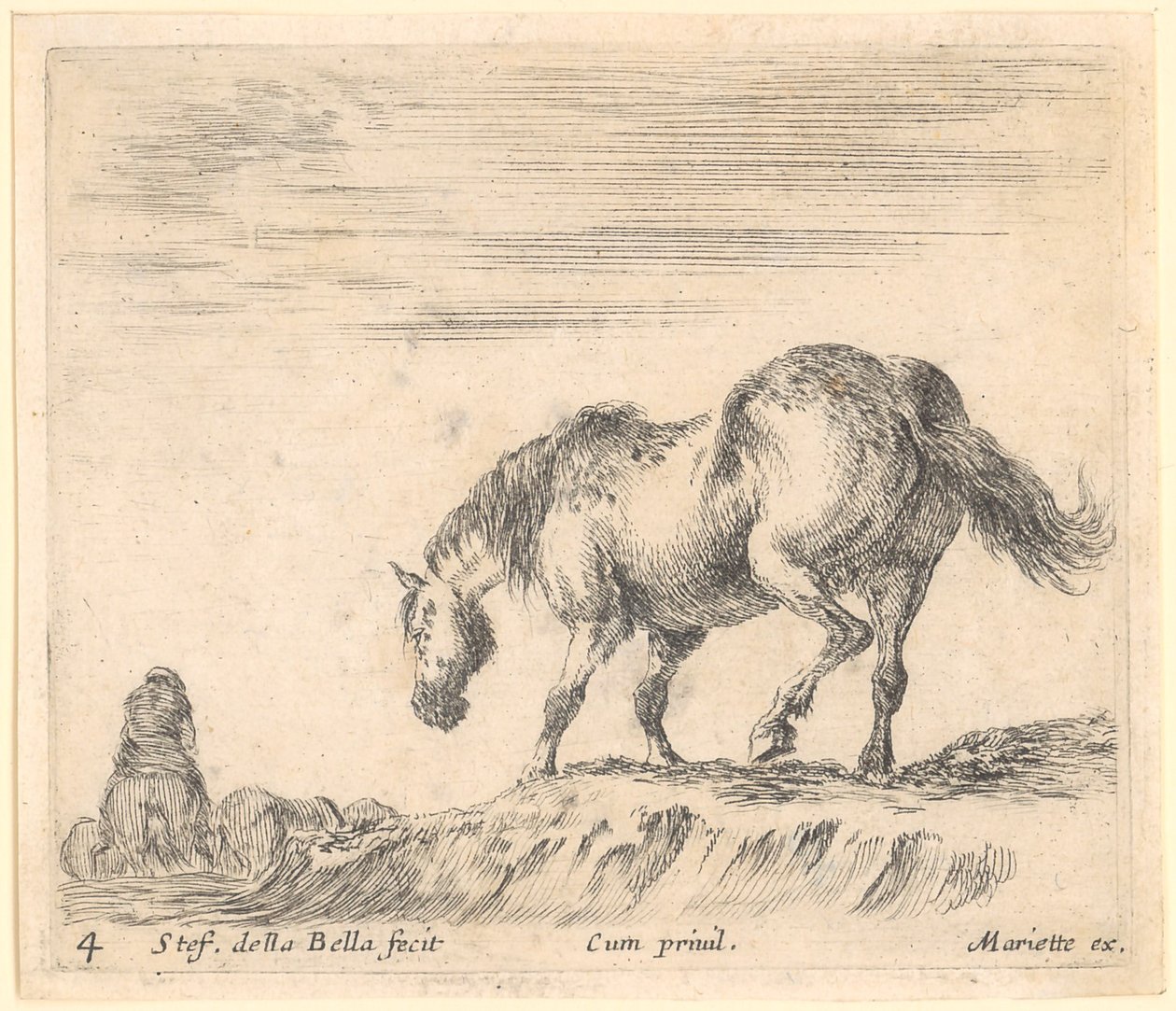Paard in profiel naar links, links een ruiter op een ander paard door Stefano della Bella