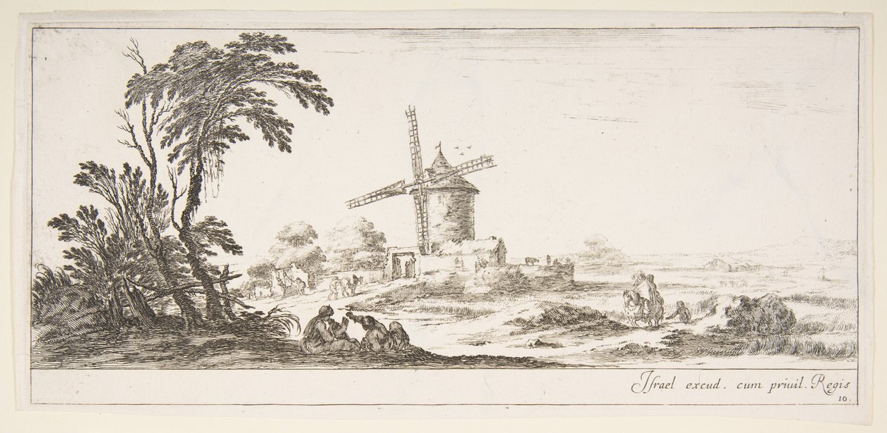 Een familie op de voorgrond, diverse figuren en paarden op de achtergrond door Stefano della Bella