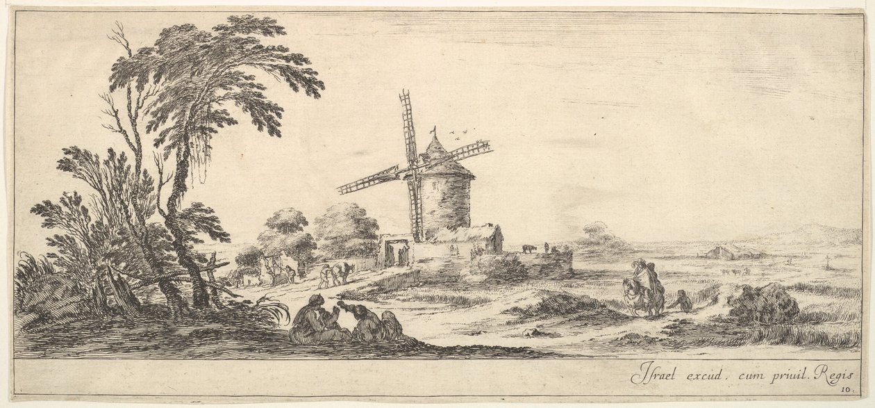 Plaat 10: een familie in het midden op de voorgrond, verschillende figuren en paarden in het midden, ca. 1641 door Stefano della Bella