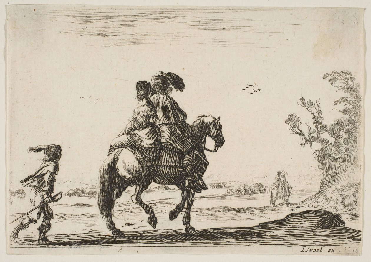Plaat 10: een ruiter en een vrouw, van achteren gezien, rijdend naar rechts met een jong..., 1642 door Stefano della Bella