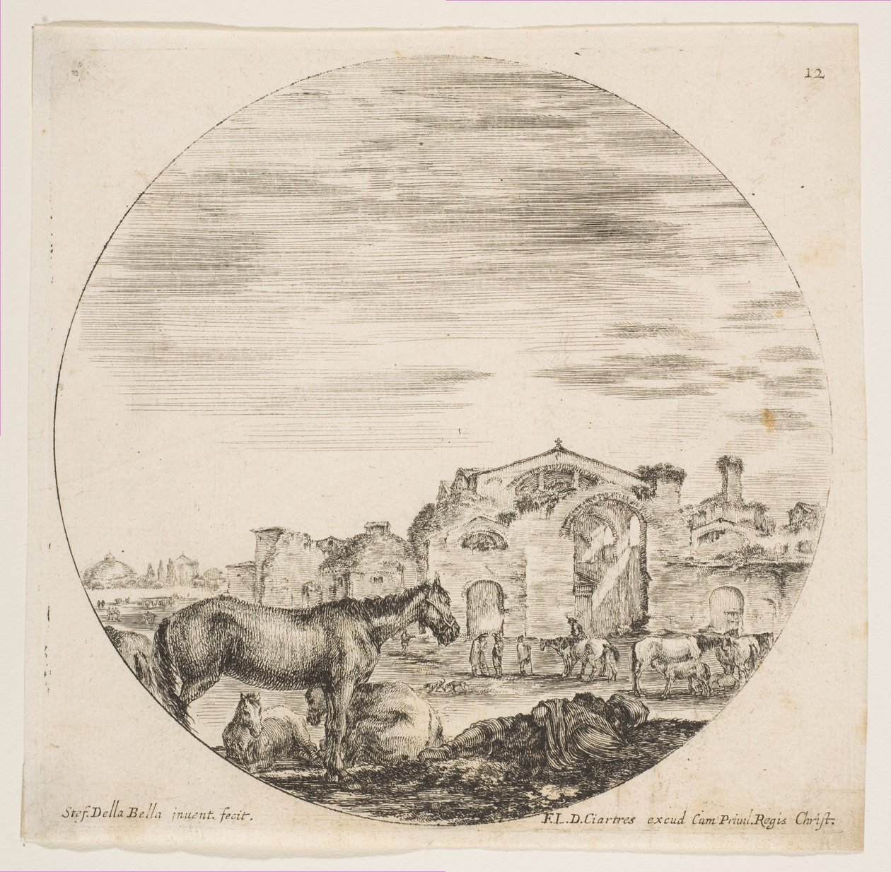 Plaat 12: een herder die op de grond slaapt aan de rechterkant, drie paarden aan de linkerkant, andere paarden..., ca. 1646 door Stefano della Bella