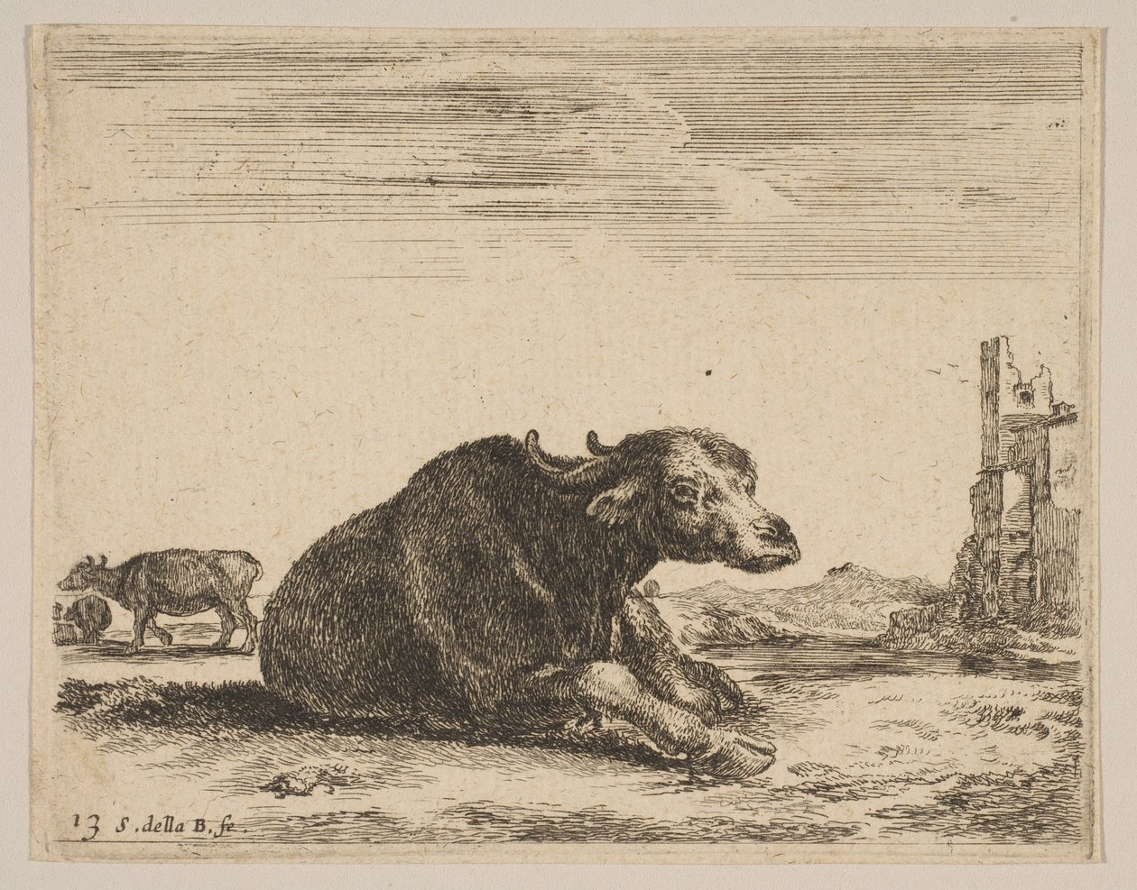 Plaat 13: buffel liggend, uit Diverse dieren Diversi animali, ca. 1641 door Stefano della Bella