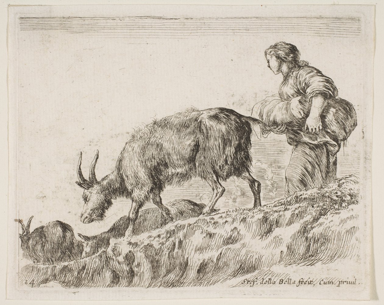 Plaat 14: herderin die geiten hoedt, uit Diverse dieren Diversi animali, ca. 1641 door Stefano della Bella