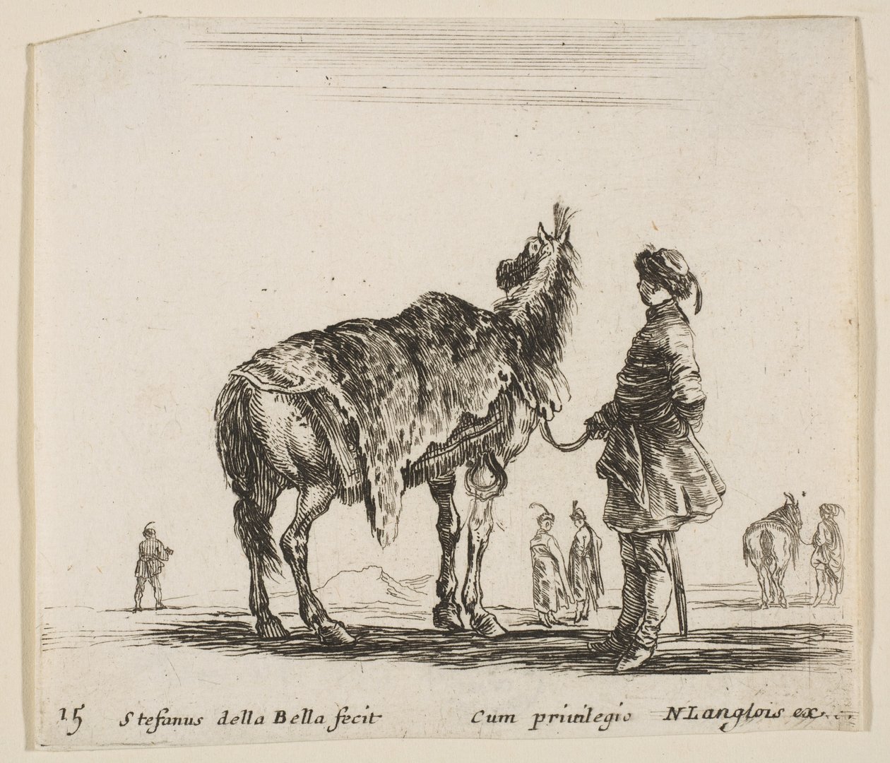 Plaat 15: een Poolse edelman, van achteren gezien, met zijn paard bedekt met luipaardhuid, ca. 1644-47 door Stefano della Bella